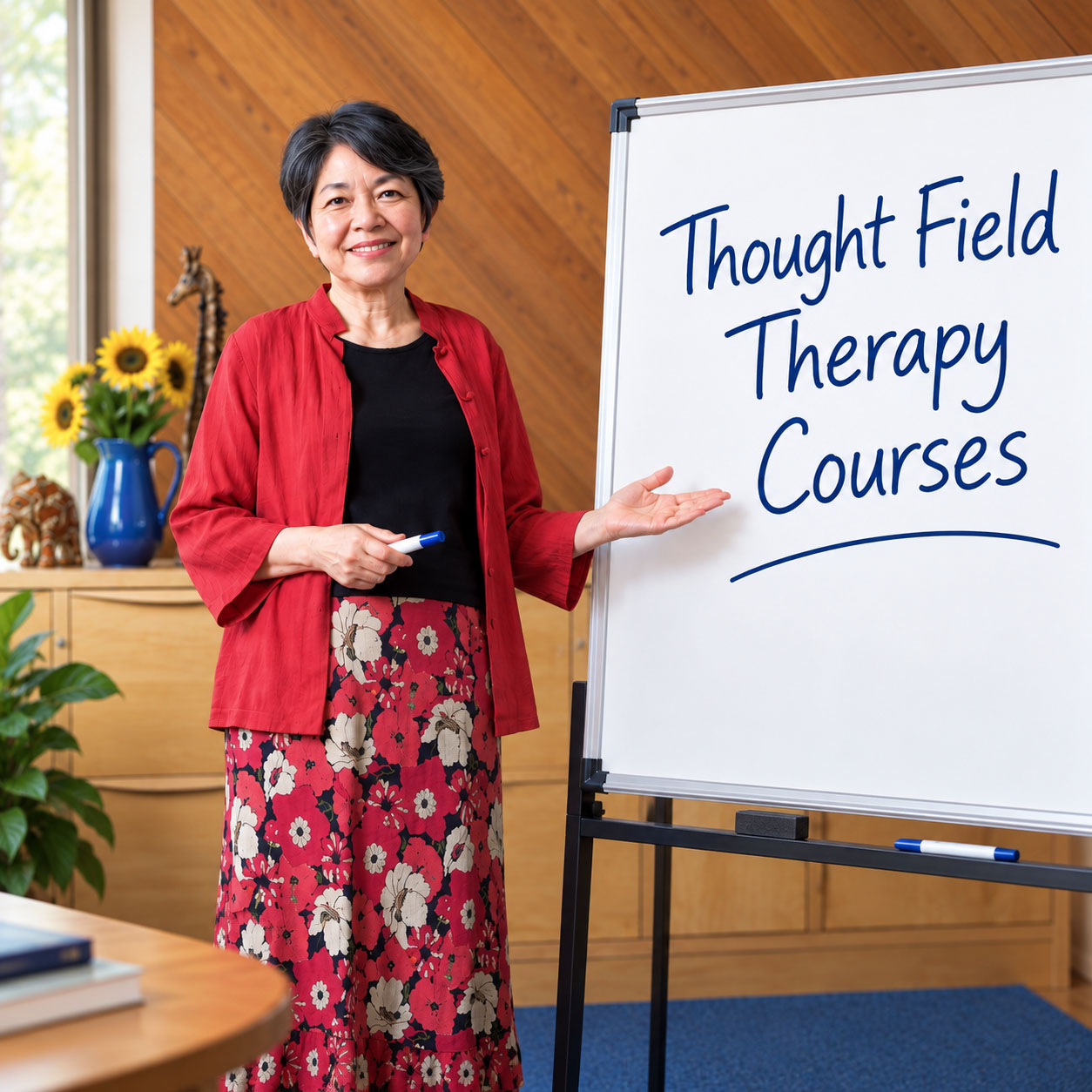 Dr. Caroline Sakai at the writeboard about to begin a Thought Field Therapy course training.